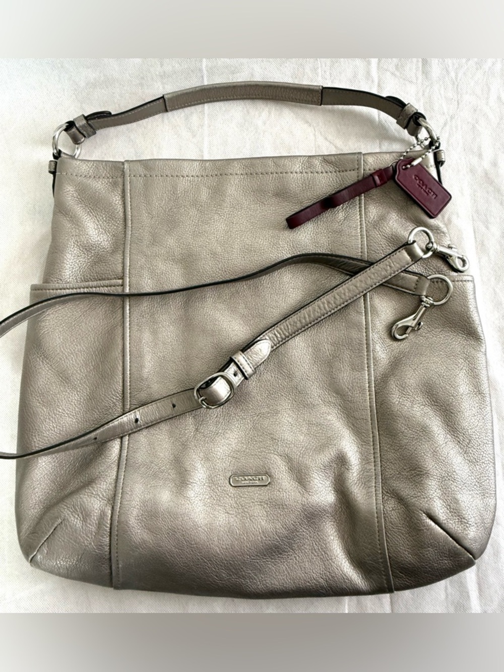 COACH Metallic Leather Convertible Hobo Bag Silver / Champagne / Taupe Crossbody